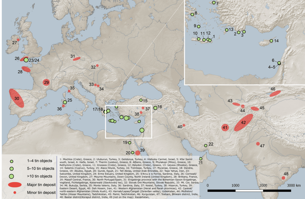 A detailed map showing the distribution of Bronze Age tin finds and tin deposits across the eastern Mediterranean, Near East, and parts of Europe and Asia, marking archaeological sites where tin artefacts or ingots were found and the locations of major and minor ancient tin sources used in bronze production.