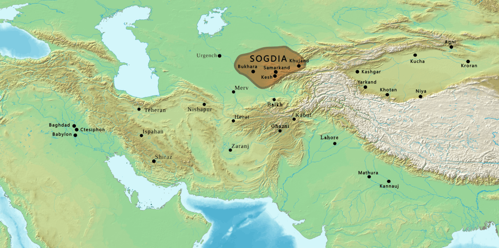 Map showing the ancient region of Sogdia (Sogdiana) in Central Asia, roughly between the Amu Darya (Oxus) and Syr Darya (Jaxartes) rivers in the area of present‑day Uzbekistan, Tajikistan, and surrounding lands.