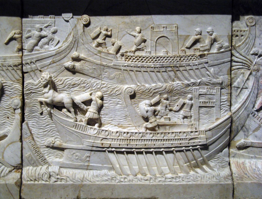 Roman marble relief panel depicting the naval Battle of Actium, part of a Roman monument celebrating Octavian’s victory in 31 BC.