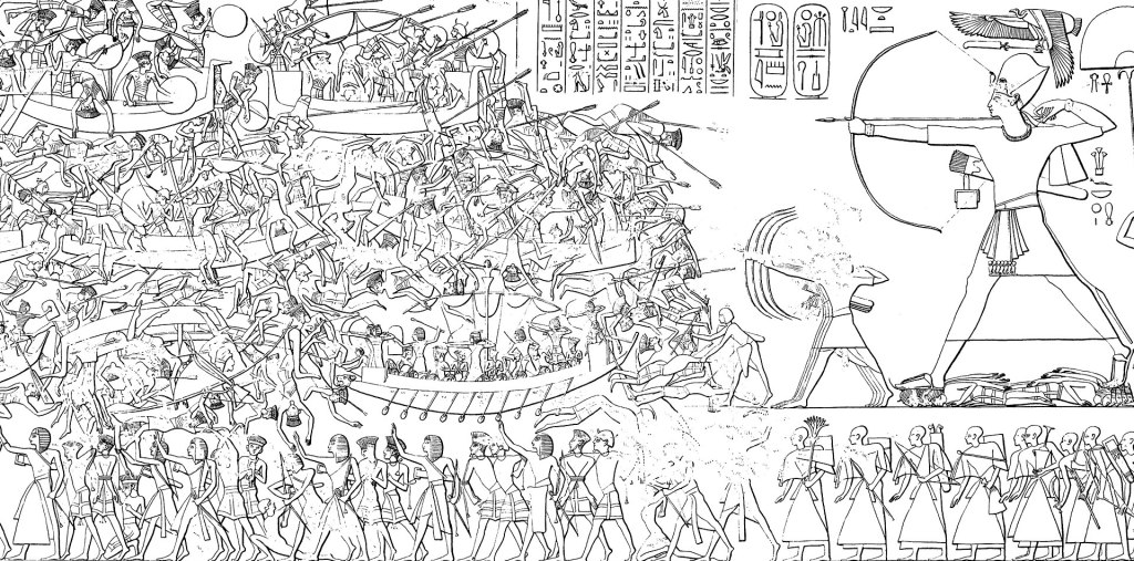 Epigraphic drawing of the northeast wall relief at the Mortuary Temple of Ramses III, showing scenes of his battles against the Sea Peoples.
