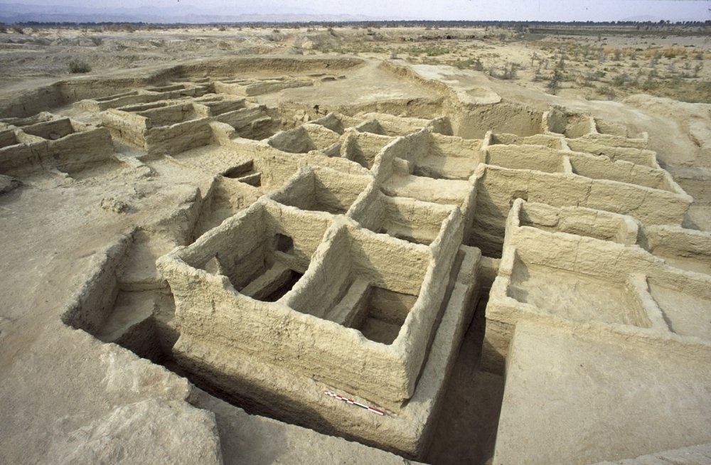 Excavated ruins of mud‑brick structures at Mehrgarh, an ancient settlement site in present‑day Pakistan that shows some of the earliest evidence of farming, village life, and early metalworking in South Asia.