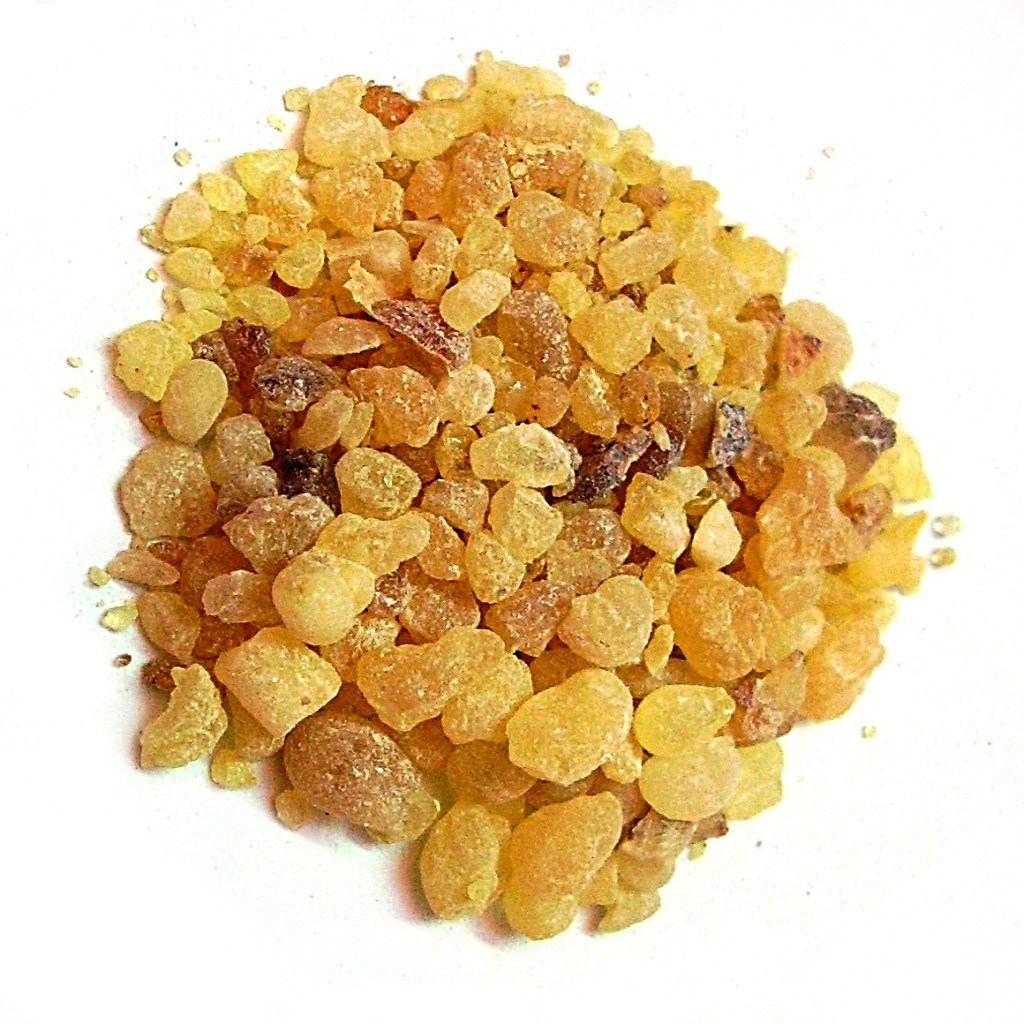 Close‑up of olibanum (frankincense) resin, the aromatic hardened resin tears from Boswellia trees used in ancient incense trade and rituals.