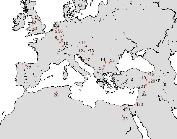 Map showing locations of Roman legionary camps and forts in the Roman Empire around AD 80, highlighting frontier defenses such as the Rhine and Danube.