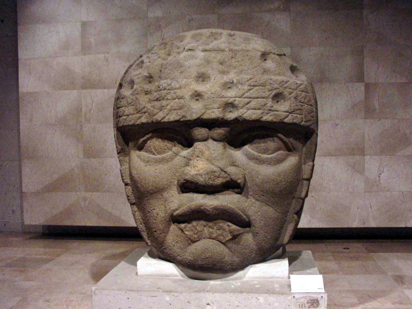 Photograph of Monument 3 at San Lorenzo, an Olmec colossal head site in Veracruz, Mexico, carved from basalt and reflecting early Mesoamerican monumental sculpture.