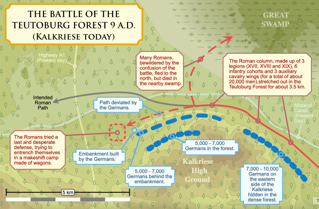 Map diagram showing troop movements and the defeat of Roman forces under Varus in the Battle of the Teutoburg Forest (9 CE).