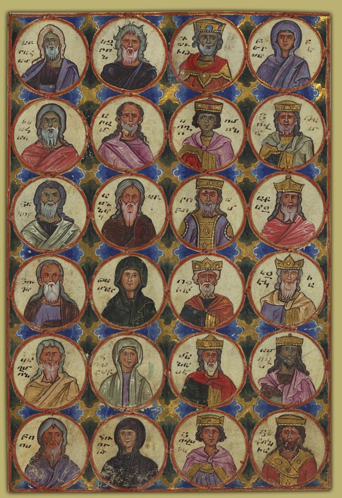 Painting showing an extended lineage of ancestors of Christ in hierarchical tiers, with figures arranged in a structured ancestral tree, created by medieval Armenian artist T’oros Roslin.