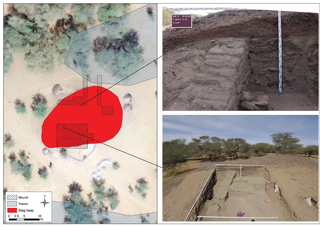 Diagram of Kushite ironworking sites near Meroë showing furnace locations, slag deposits, and workshop areas, illustrating the scale and organization of ancient iron production.