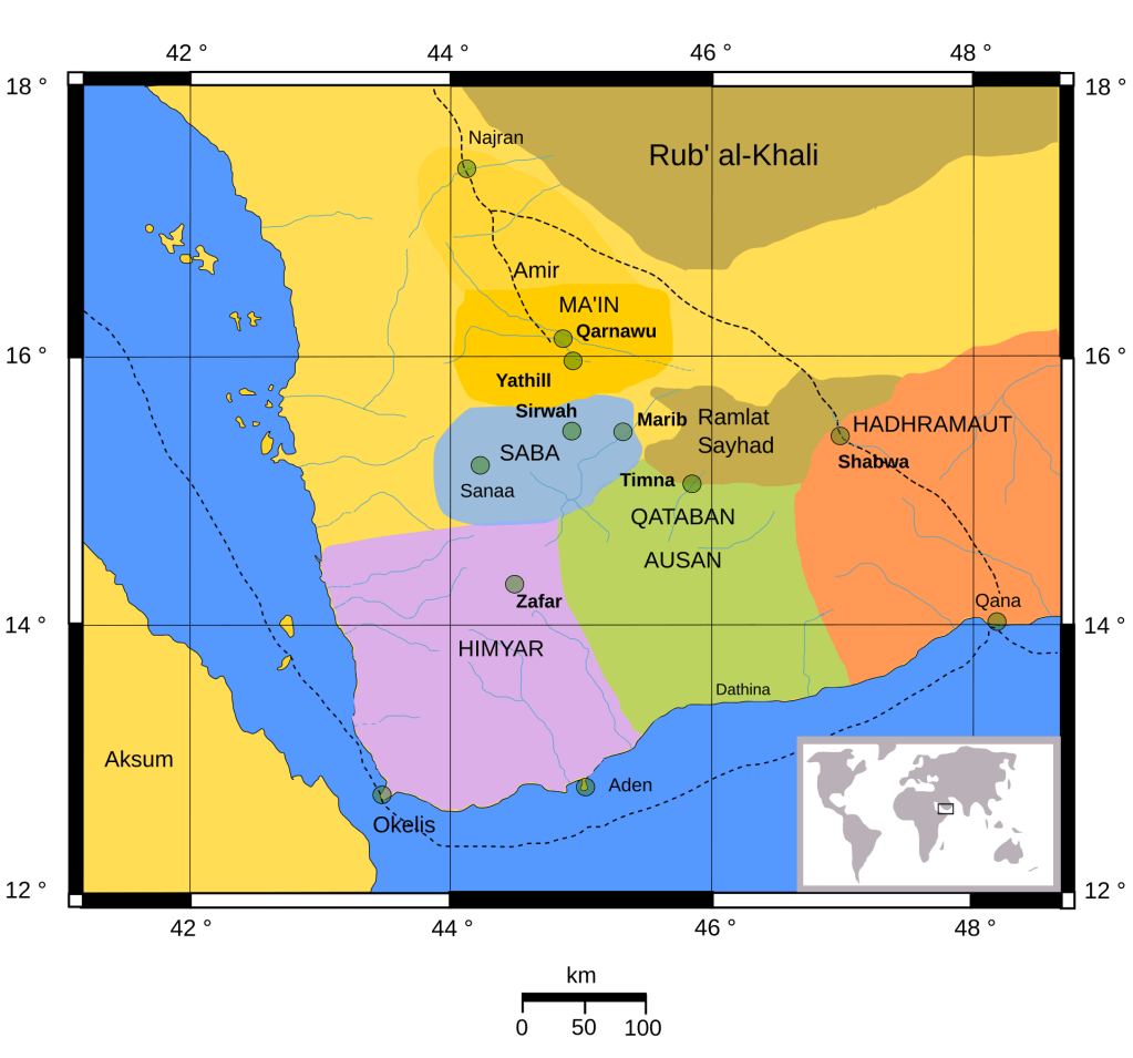 Map of ancient Yemen around 100 BC showing the location of the Kingdom of Saba (Sheba) and other ancient South Arabian polities on the Arabian Peninsula.