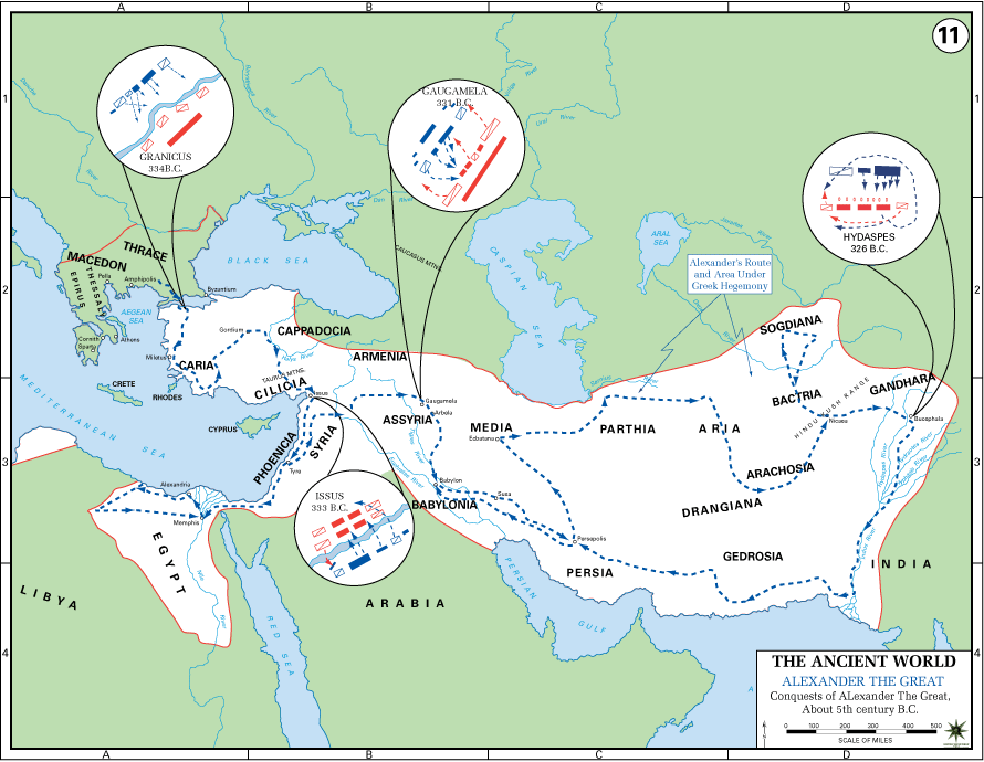 Map showing the routes and major regions conquered by Alexander the Great across Egypt, Persia, Mesopotamia, and beyond.